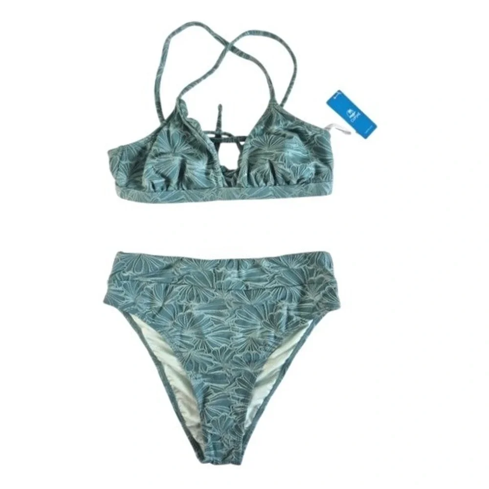 Cupshe Womens Teal Textured Floral High Waisted Bikini Set NWT Size Medium